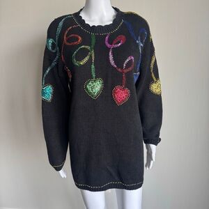 *Flawed Gem 90’s Sequin Hearts Ramie Sweater Dress Size M Black